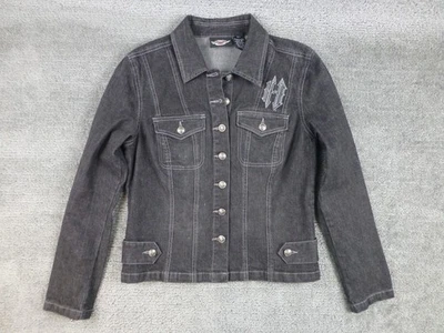 Harley-Davidson Black Denim Moto Jacket Rivet Logo Detail Black Sz Medium Petite - Image 1 of 4