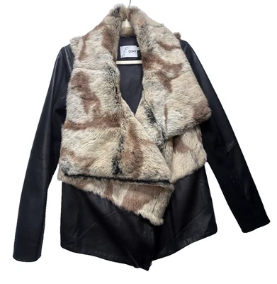 Doma Women's Black Leather Animal Print Rabbit Fur Moto Jacket Sz L Mob Wife - Image 1 of 4