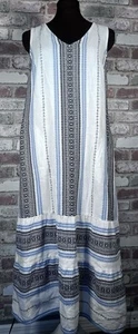 J.Jill White Blue Striped Dress Ruffle Hem Pockets embroidered midi dress sz S - Picture 1 of 12