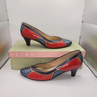 Vintage 80s 90s Selby Red, Purple & Navy Colorblock Leather Gold Studded Pumps - Image 1 of 4