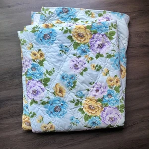 Vintage Bedspread Comforter King Size Blanket Blue Roses 60s 70s Retro Kitsch - Picture 1 of 8