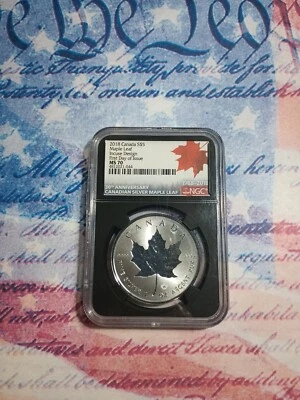 🍁2018 CANADA S$5 MAPLE LEAF INCUSE DESIGN FIRST DAY ISSUE 30TH ANNIVERSARY MS70 - Image 1 of 4