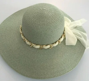 Fancy Ribbon Jewel Church Straw Grass Packable Wide Brim Floppy SPF50 Womens Hat - Picture 1 of 6