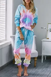 NWT Women Multicolor Tie Dye Long Sleeve Knit Hooded loungewear Boutique L 12-14 - Picture 1 of 5