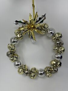 Vintage Silver Gold Jingle Bell Wreath W Metal Poinsettia Shiny