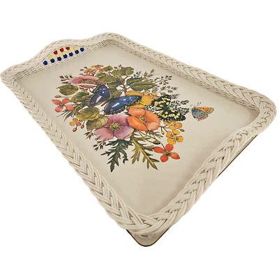 Bandeja Desayuno Mariposa Línea Floral Real Años 70 De Colección Blanco Ratán Inglaterra 18" Foto 1 de 4