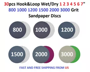 30pcs Hook&Loop Wet/Dry 1 2 3 4 5 6 7" 800 1000 1200 1500 2000 3000 Sanding Disc - Picture 1 of 7