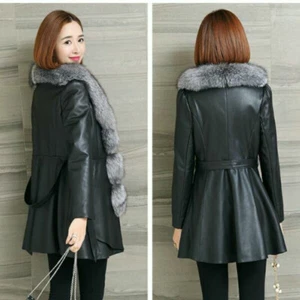 Women Leather Jacket Faux Fur Collar Splice Long Belted Waist Ruffle Overcoat - Picture 1 of 5