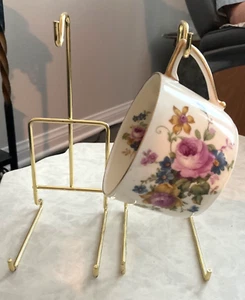 Vintage Gold Wire Teacup Display Stands Czechoslovakia V Roses Porcelain Cup - Picture 1 of 7