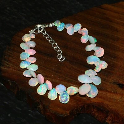 Natural Ethiopian Fire White Opal Faceted Almond Teardrops 925 Silver Bracelet - Image 1 of 3