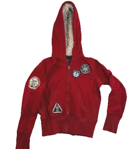 Vtg Ralph Lauren Kids Zip Sherpa Red Hoodie Polo Ski Patches Y2K Boys (8-10) - Picture 1 of 14