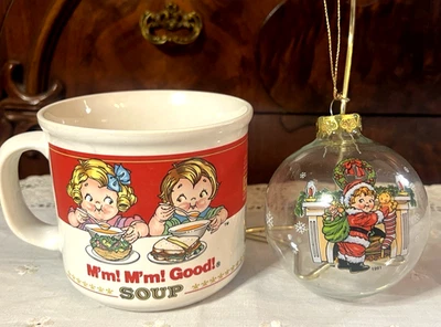 Lot of 2 VTG Campbell's 1989 Soup Mm Mm Good Mug & 1991 Glass Xmas 3" Round Orn - Image 1 of 4