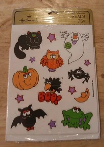 Vtg  Hallmark Halloween Sticker Seals  Cat Owl Bat Jol  Spider 4 Sheets 9 Design - Picture 1 of 4