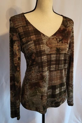 Vintage 90's Whimsigoth Abstract Paisley-Plaid Top Long Sleeve V-Neck M Artsy - Image 1 of 4