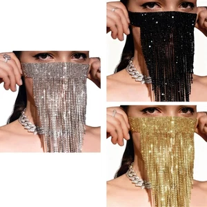1Pcs Sparkly Rhinestone Tassel Veil Mask Women Headwear Face Chains Mask Party - Picture 1 of 23