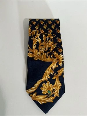 Gravata de seda masculina vintage V2 da Versace estampas de abelha ouro marinho - Imagem 1 de 4