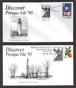 DISCOVER PRESQUE ISLE COVERS - #2970 LIGHTHOUSE & #3126 MERIAN BOTANICAL 1995/97 - Picture 1 of 2