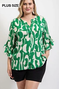 Women's Sleeve Top Blouse Bell Print Ruffle Green Peasant??Tunic Sleeves Boho - Picture 1 of 6