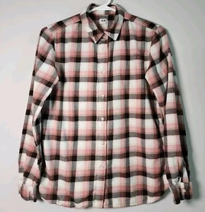 UNIQLO Plaid Flannel Shirt Womens Small Pink Brown White Check Tartan Cottage - Picture 1 of 21