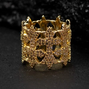 Men's Large Yellow Gold Plated Hip Hop Iced Cz Cross Pinky Statement Ring - Picture 1 of 4