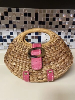 Bolso de mano SR cuadrado Sondra Roberts tejido de mimbre concha de almeja cuero rosa Foto 1 de 2