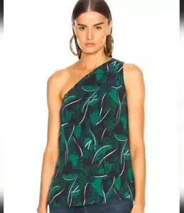 $278 EQUIPMENT Femme M Lucina Top Silk One Shoulder Black Green Palm Leaf Print - Picture 1 of 5
