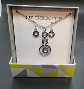 Signed LIZ CLAIBORNE Silver Tone Chain Necklace earring box set heart RHINESTONE
