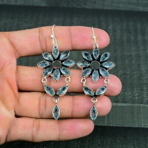 Aquamarine Gemstone Dangle Earring 925 Sterling Silver Handmade Jewelry For Gift - Picture 1 of 4