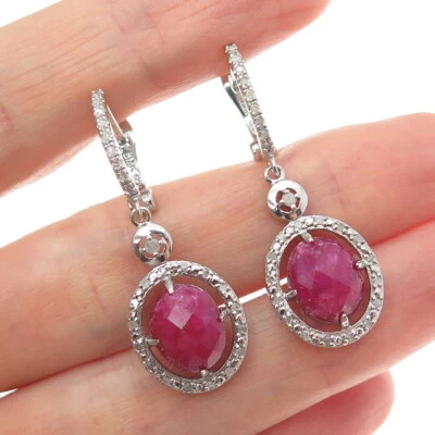 925 Sterling Silver Real Diamond & Oval-Cut Ruby Dangle Earrings - Image 1 of 4