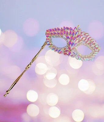 Gold masquerade mask, Diamond Crystal Mask, Masquerade Wedding mask, Stick Mask - Image 1 of 4