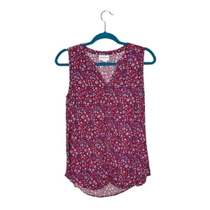 Liz Claiborne Viskose rot & blau ditsy Blumen Knopfleiste ärmellose Bluse Small - Bild 1 von 11