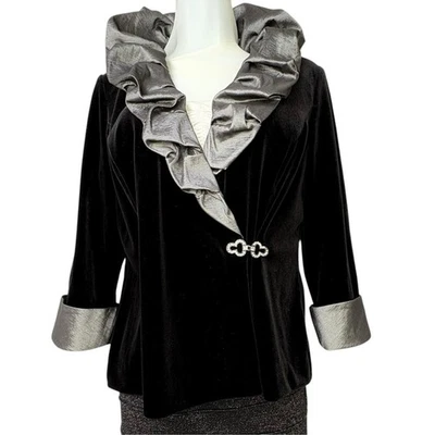 Alex Evenings Black Velvet Jacket MP Metallic Ruffle Trim Rhinestone Clasp 90s - Image 1 of 4