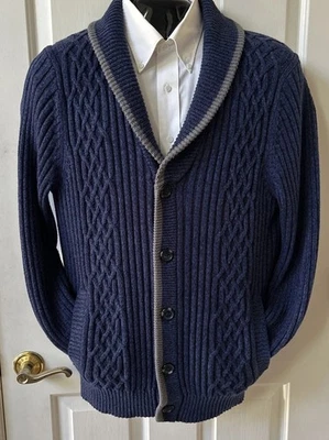 Cárdigan chal Club Room para hombre M azul algodón tejido con cable abuelo suéter con bolsillos Foto 1 de 4