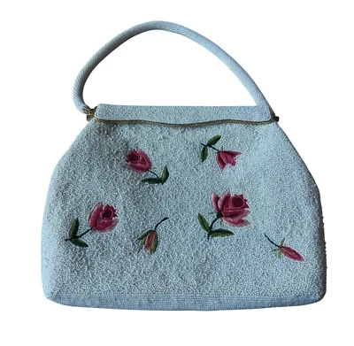 Bolso Cartera Vintage Blanco Microperla Con Cuentas con Bordado Rosa Años 50 Mediados de Siglo Foto 1 de 4