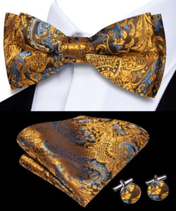 US Black Floral Bowtie Mens Self Tie Set Hanky Cufflinks High Quality! - Picture 1 of 42