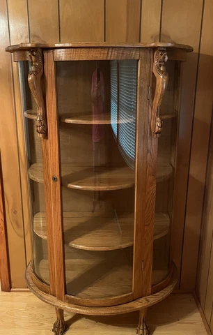 Antique American Tiger Oak Curved Glass China Cabinet Display Curio H 64" x W36" Cover