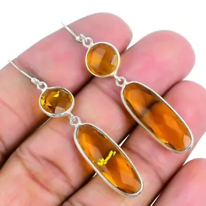 Natural Citrine Treated Sterling Silver Hook Elegant Dangling Earrings Jewelry - Picture 1 of 7