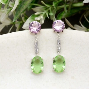 Luxury 2 Color Gemstone Earrings 925 Sterling Silver Earrings Gift Her - Picture 1 of 7