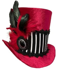 Tall Top Hat M/L Red Velvet Black White Wild Mad Hatter Gothic Sideshow Circus - Picture 1 of 6