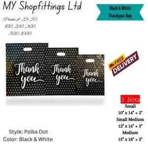 New Black Thank You Plastic Carrier Bags | Polka Dot Boutique Bags with Handle - Picture 1 of 6