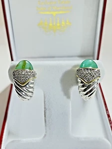 David Yurman 18k Gold/Sterling Silver Green Chalcedony& Diamond Earrings 11.5 Gr - Picture 1 of 24