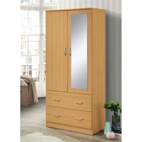 Hodedah 2-Door Armoire with 2-Drawers and Clothing Rod plus Mirror in Beige Wood Cover