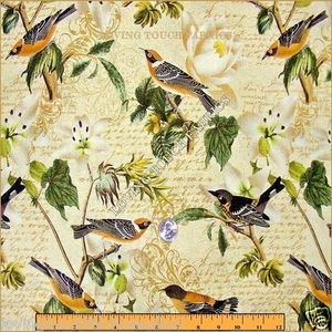LOVELY ROSENTHAL MIXED BIRDS 2017-2C FLORAL WORDS FABRIC 1/2 YARD 18" X 44" - Picture 1 of 1