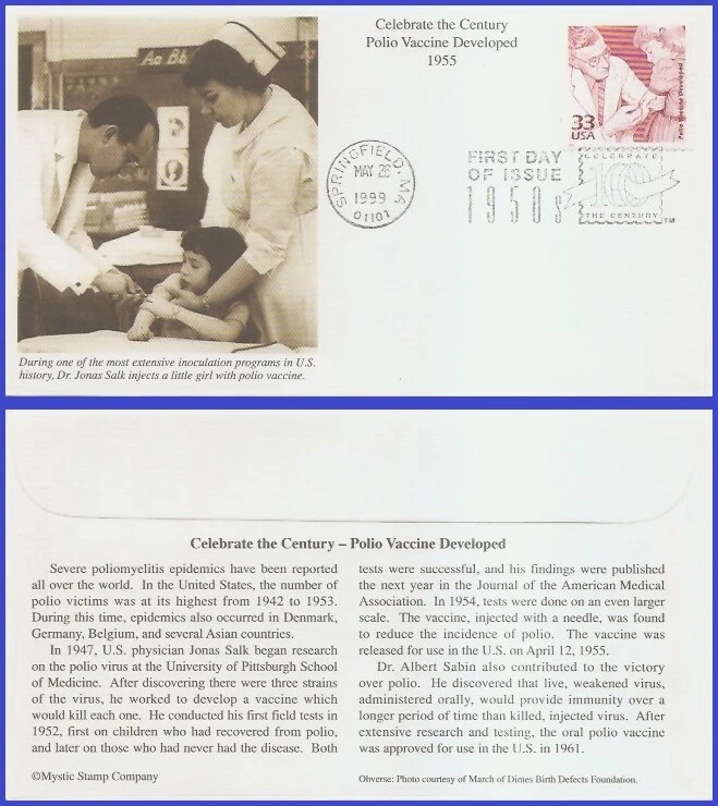 USA5 #3187a U/A MYSTIC FDC   1950s Polio Vaccine Developed - Image 1 of 1