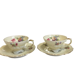 2 Small Tea Cups Saucers Edelstein Bavaria 15387 Vtg Gold Trim Off White Footed - Picture 1 of 15
