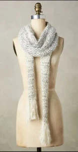 Anthropologie Scarf TINSELKNIT Winter Ivory Metallic Silver Fringe Tapered - Picture 1 of 6