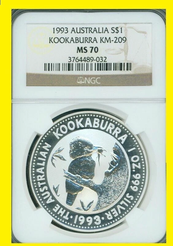 1993 年澳大利亚 1 盎司银 Kookaburra 完美 NGC 评级 MS 70 全新无斑点 — 第 1/1 张图片
