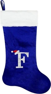 Medias de Navidad con monograma azul, terciopelo suave con puño blanco (bordado F) 22" - Imagen 1 de 5