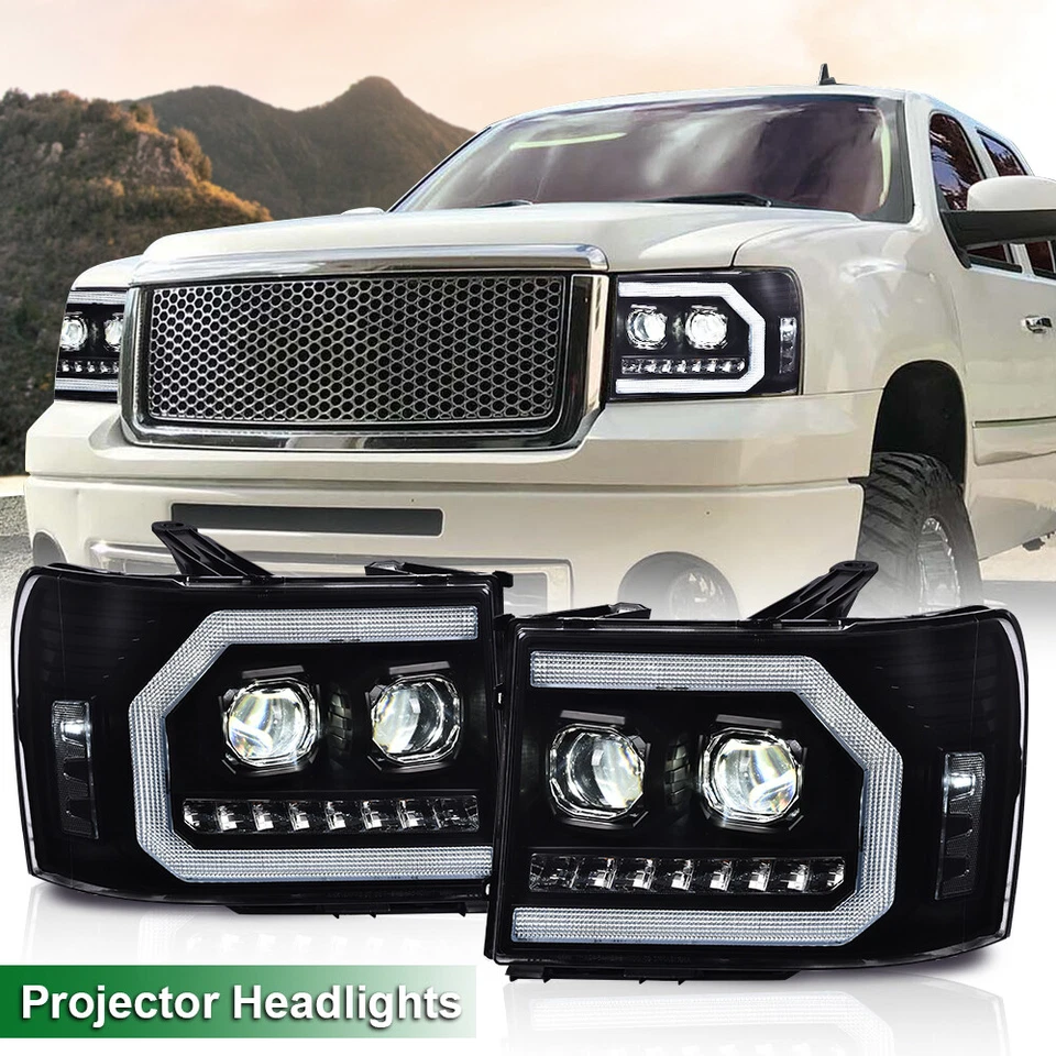 Fit For 2007-2013 GMC Sierra 1500 2500HD 3500HD LED DRL Tube Projector Headlight - Image 1 of 4