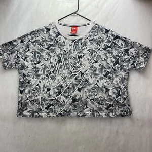 Nike Women's Sz XL Black All Over Floral Cropped Spell Out S/S Top Blouse Shirt - Picture 1 of 7